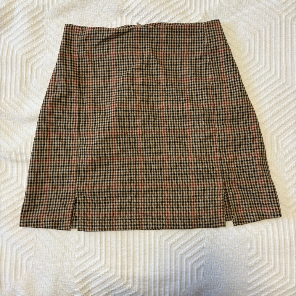 Houndstooth Mini Skirt in Brown and Black with Red Accents